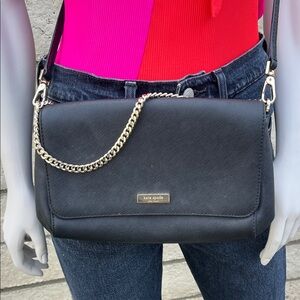 kate spade black leather adjustable crossbody with gold chain accent
